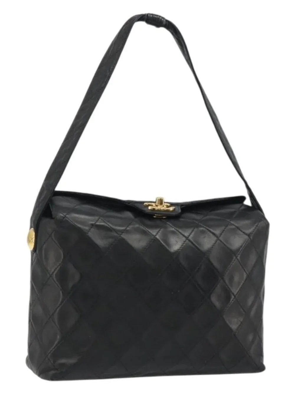 CHANEL Matelasse Chain Shoulder Bag Leather Black Gold CC Auth 188720